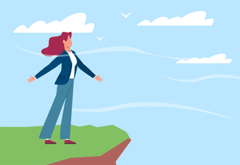 Woman stands on hilltop and breathes in fresh air and feels happy. Breathe meditation. Harmony lifestyle. Mental health. Calm character