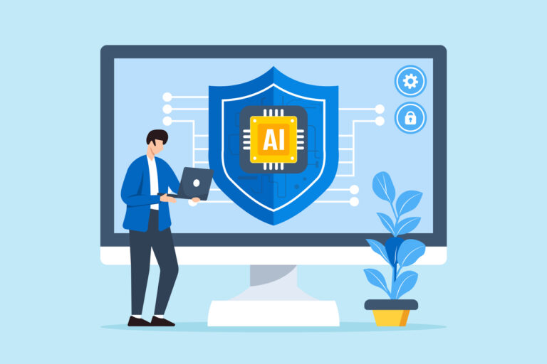 Flat illustration of man using ai for cybersecurity artificial intelligence in security and automating defenses